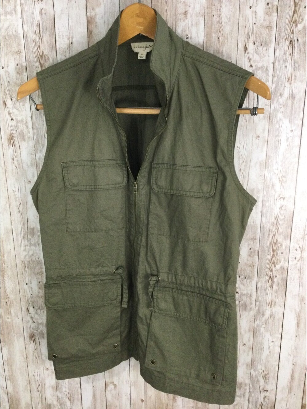MAISON JULES, Women's S Olive Green Cotton Zip Front Utility Vest & Drawstring